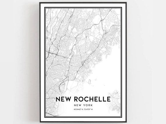 New Rochelle Map Print Poster Wall Art Ny City York Street Decor Road Gift B1010