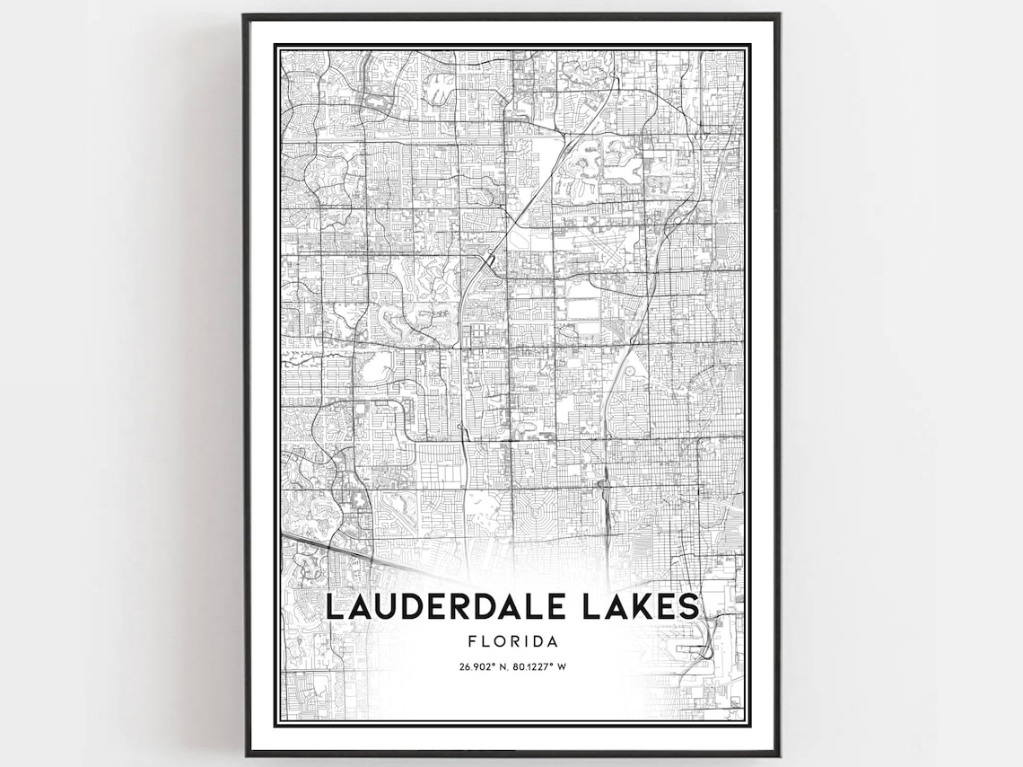 Lauderdale Lakes Florida Minimalist Black and White Street Map Poster