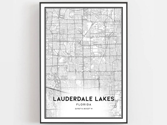 Lauderdale Lakes Map Print Poster Wall Art Fl City Florida Street Decor Road Gift