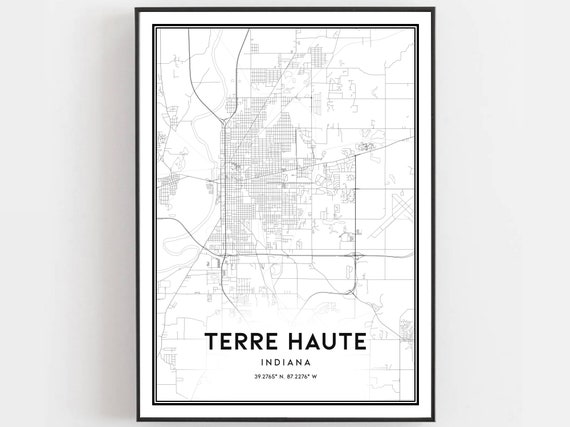 Terre Haute Map Print Poster Wall Art In City Indiana Street Decor Road Gift B910