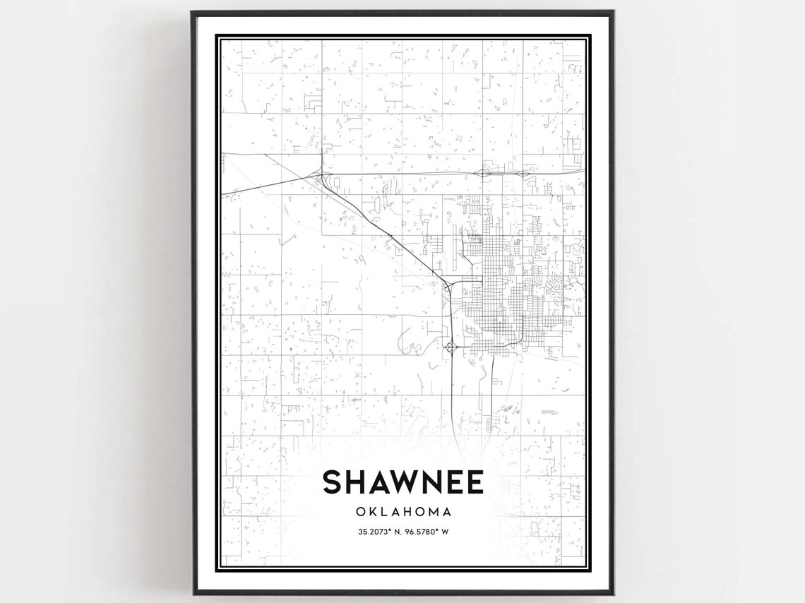 Shawnee Oklahoma City Street Map Art Print With Coordinates Decor
