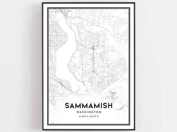 Sammamish Map Print Poster Wall Art Wa City Washington Street Decor Road Gift B1189