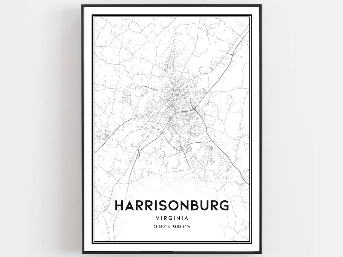 Harrisonburg Map Print, Virginia City Street Decor