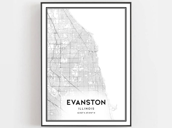 Evanston Map Print Poster Wall Art Il City Illinois Street Decor Road Gift