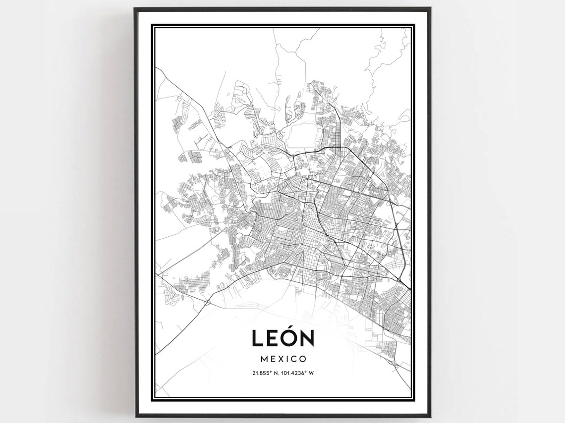 Leon Mexico City Street Map Black And White Minimalist Wall Poster
