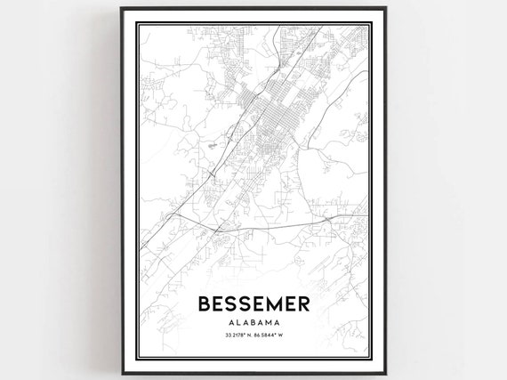 Bessemer Map Print Poster Wall Art Al City Alabama Street Decor Road Gift B2060