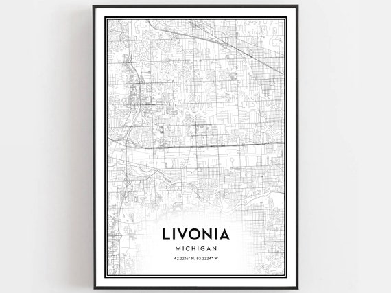 Livonia Map Print Poster Wall Art Mi City Michigan Street Decor Road Gift