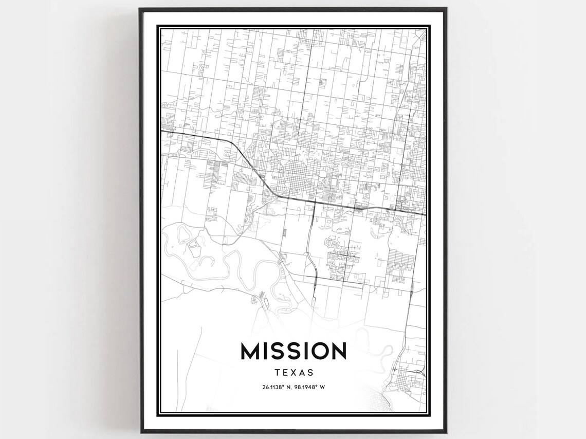 Mission Texas Minimalist Black And White City Street Map Poster