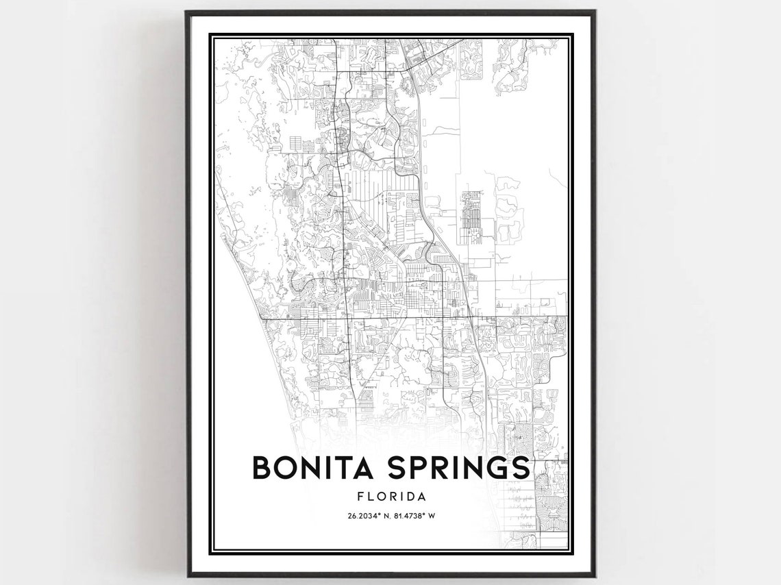 Bonita Springs Florida Minimalist Black White Street Map Poster
