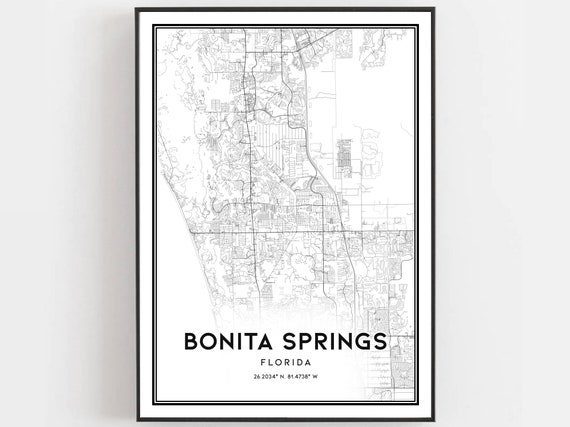Bonita Springs Map Print Poster Wall Art Fl City Florida Street Decor Road Gift B452
