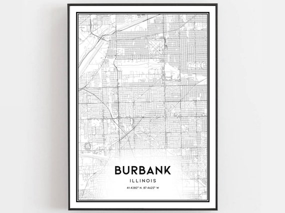 Burbank Map Print Poster Wall Art Il City Illinois Street Decor Road Gift B1950