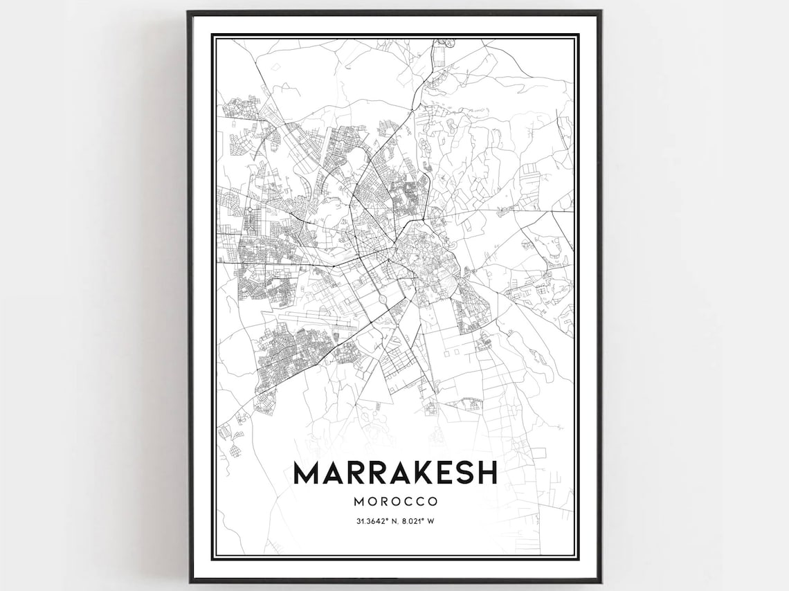 Marrakesh Morocco Street Map Black White Minimalist Coordinates Art Poster