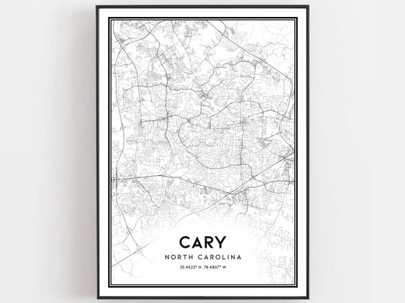 Cary Map Print Poster, North Carolina Street Decor