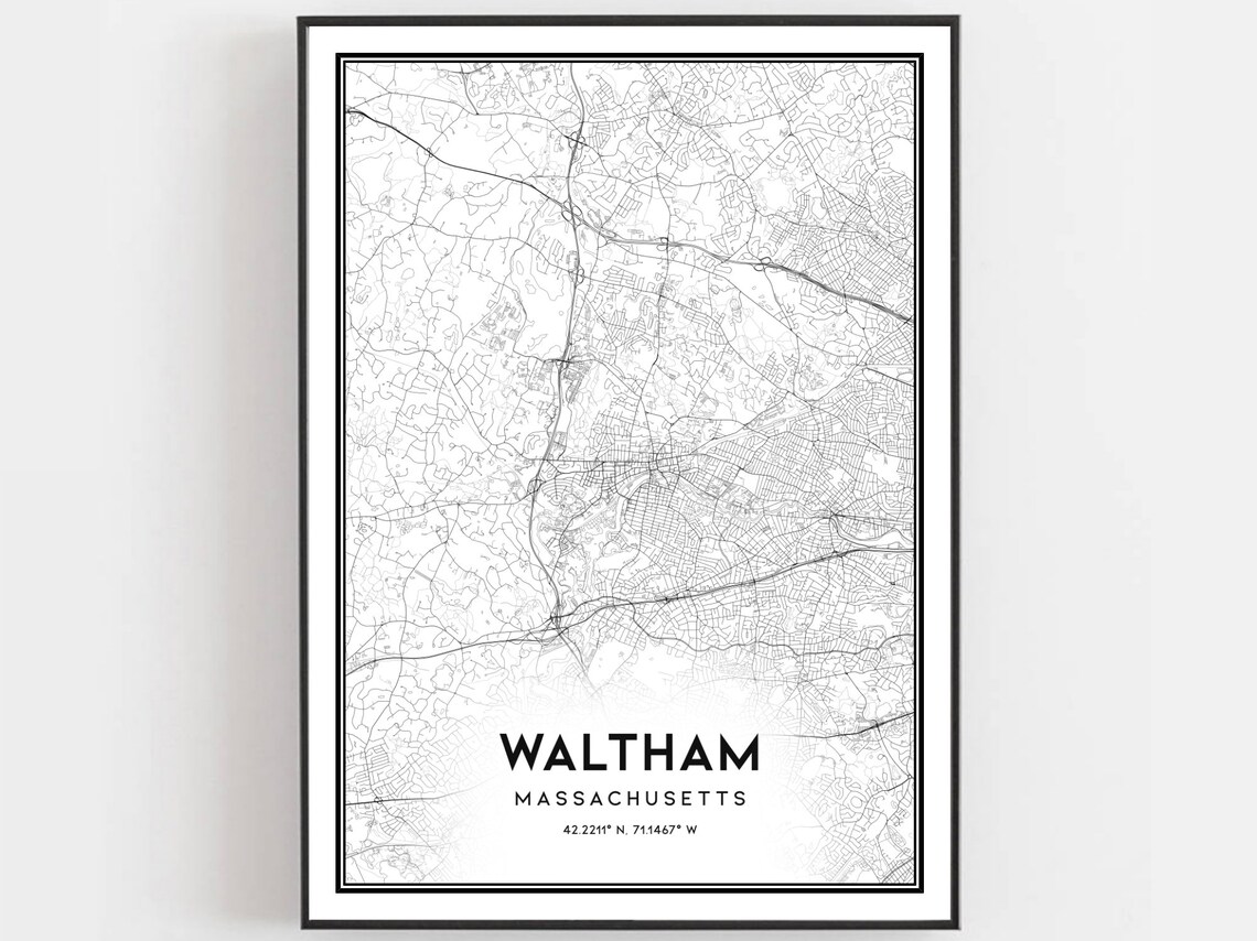 Waltham Massachusetts Minimalist Black and White City Street Map Poster