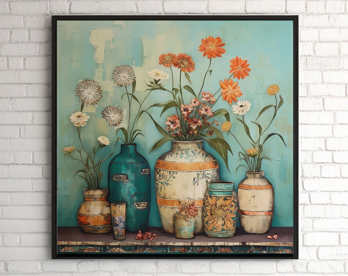 Vintage Eclectic Flower Pots Teal Orange Boho Floral Still Life Poster