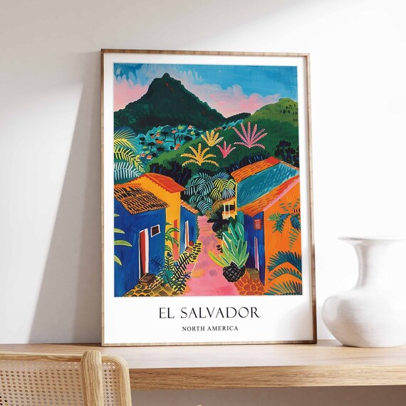El Salvador Colorful Village Street Tropical Art Travel Poster