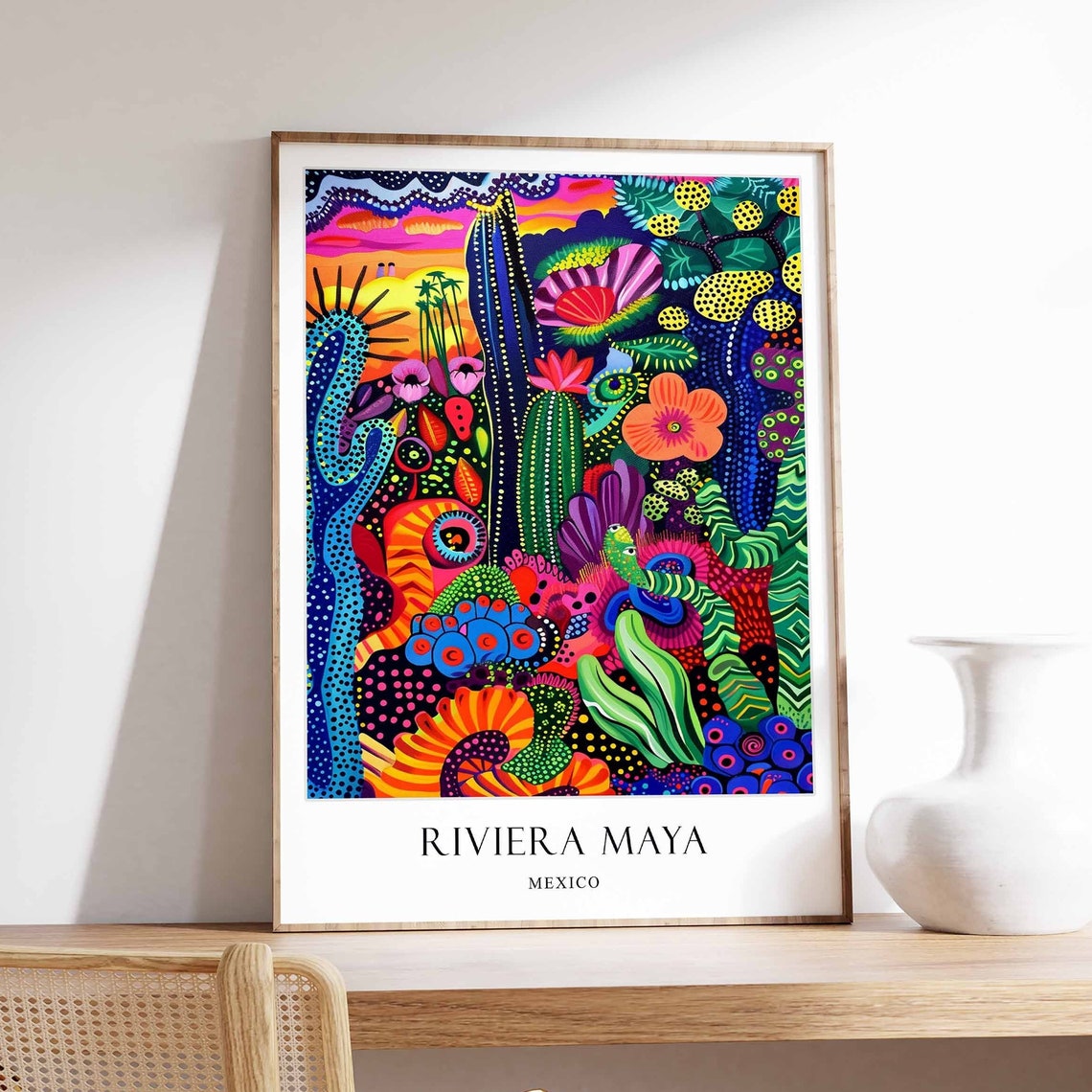 Riviera Maya Mexico Psychedelic Tropical Cactus Folk Art Travel Poster