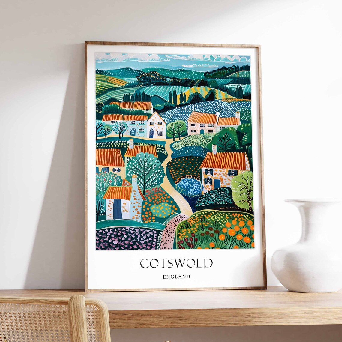 Cotswold England Colorful Village Hills Countryside Travel Poster
