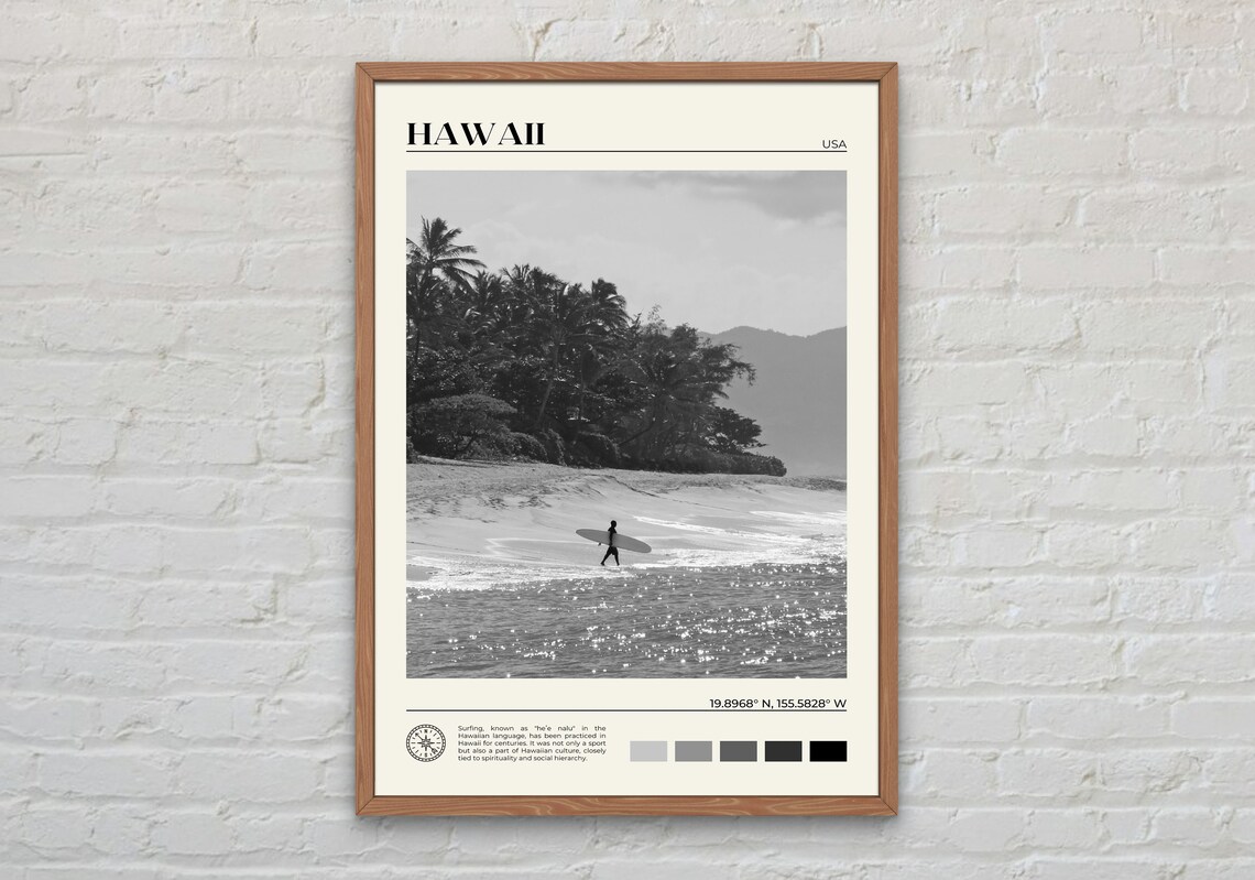 Hawaii Black and White Travel Poster, Hawaiian Islands