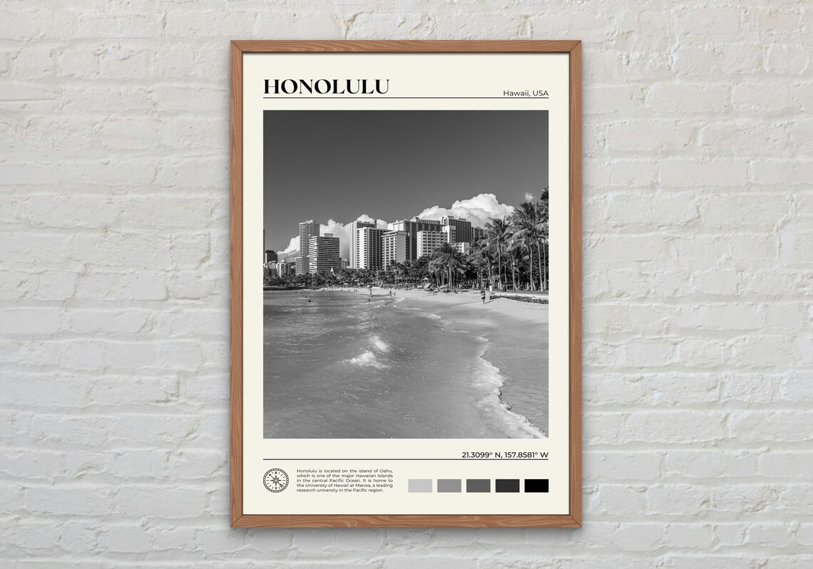 Honolulu Black and White Travel Poster, Art Print