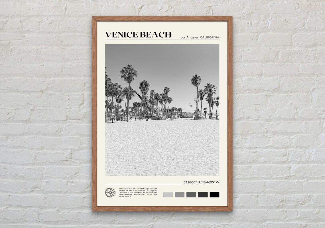 Venice Beach Black and White Travel Poster Print