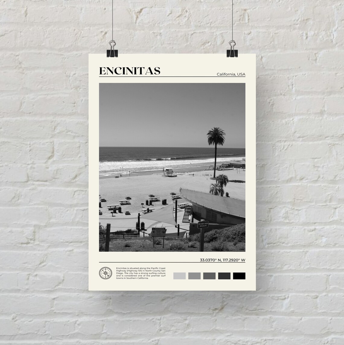 Black And White Encinitas Travel Poster, California - Image 3