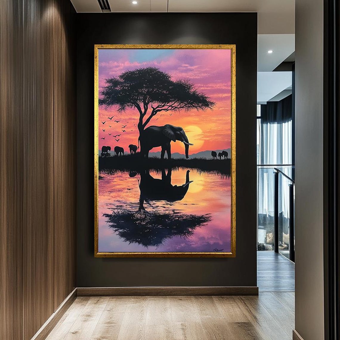 African Elephants Sunset Savanna Acacia Tree Water Reflection Poster - Image 2