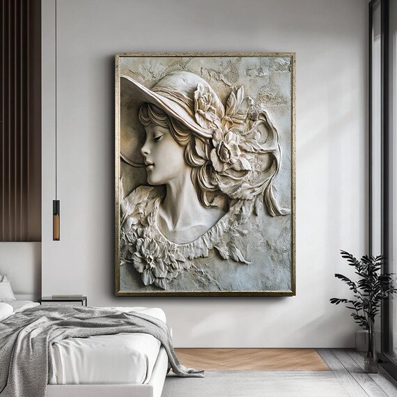 Elegant Woman Floral Hat 3D Stone Relief Cream Vintage Wall Art
