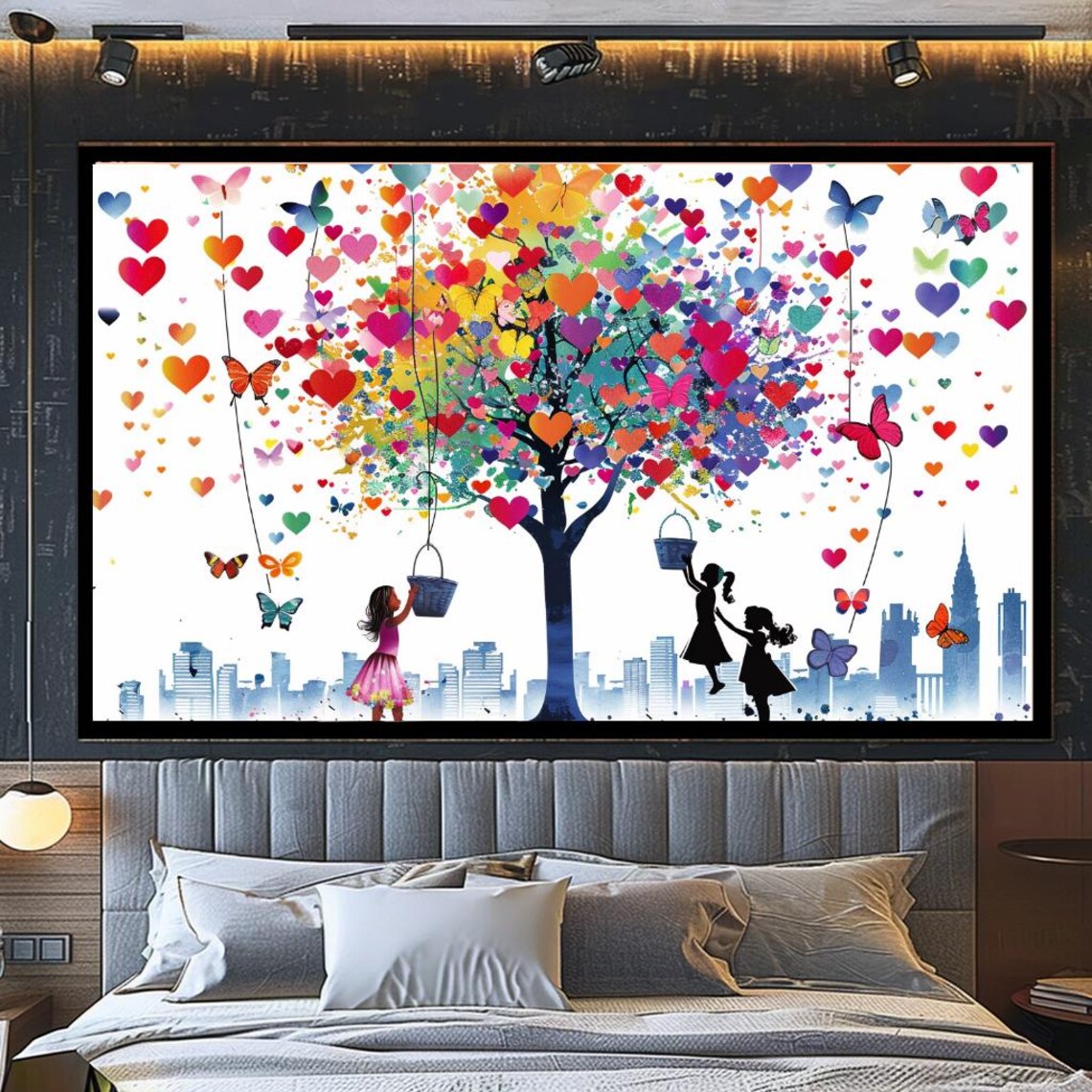 Colorful Heart Tree Two Girls Butterflies Joyful Kids Room Art Print - Image 4