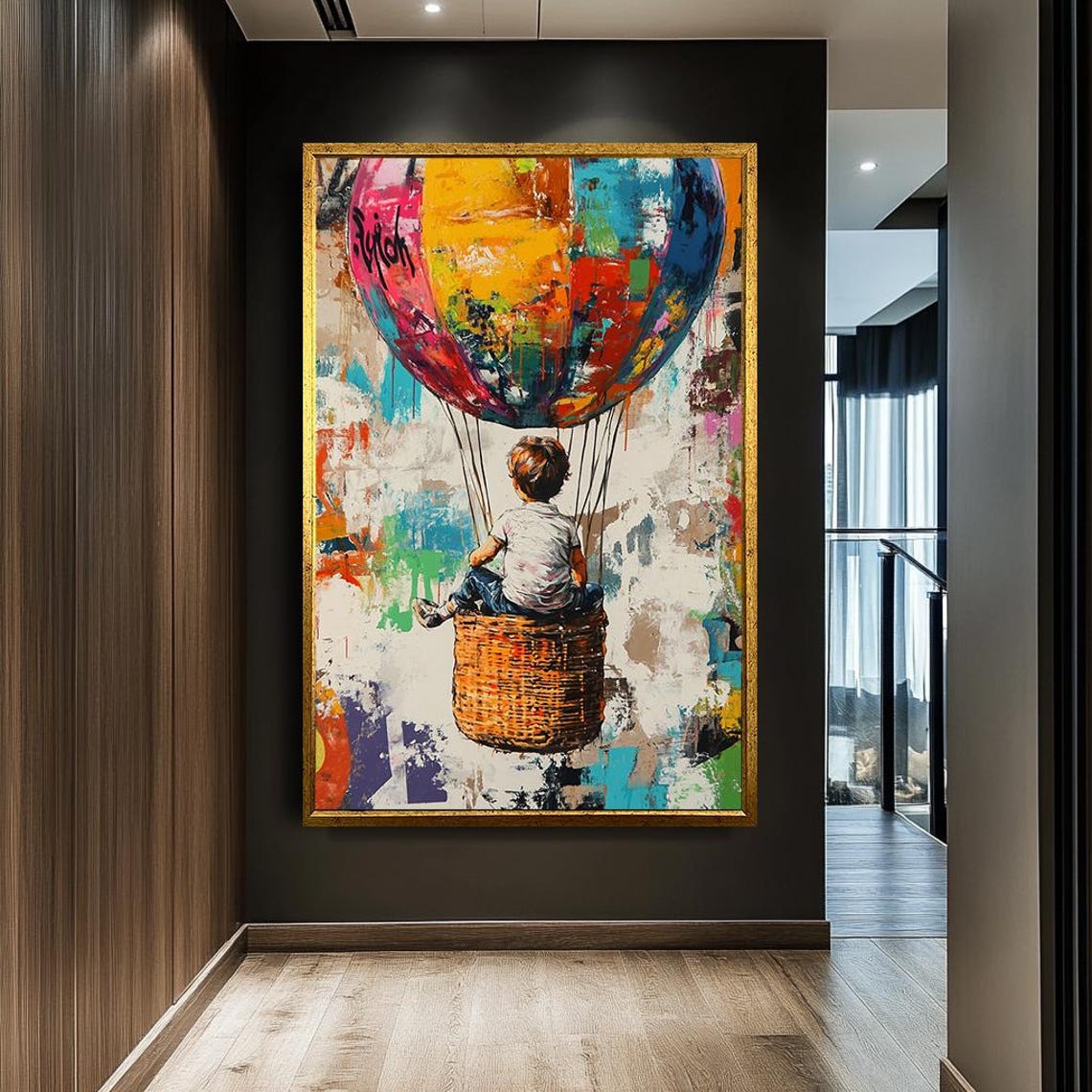 Child in Hot Air Balloon Basket Colorful Abstract Graffiti Poster