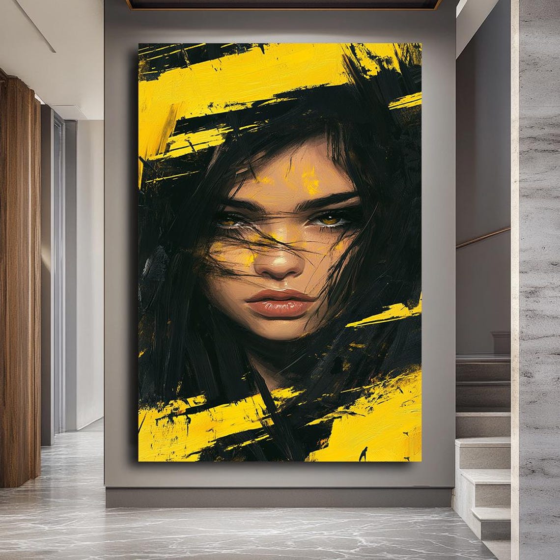 Dramatic Yellow and Black Woman Portrait Poster with Bold Brushstrokes
