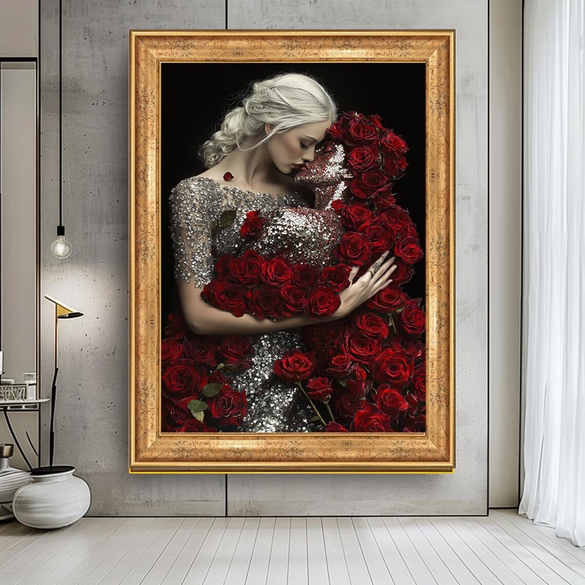 Elegant Woman Embracing Red Roses Silver Sequin Gown Love Poster