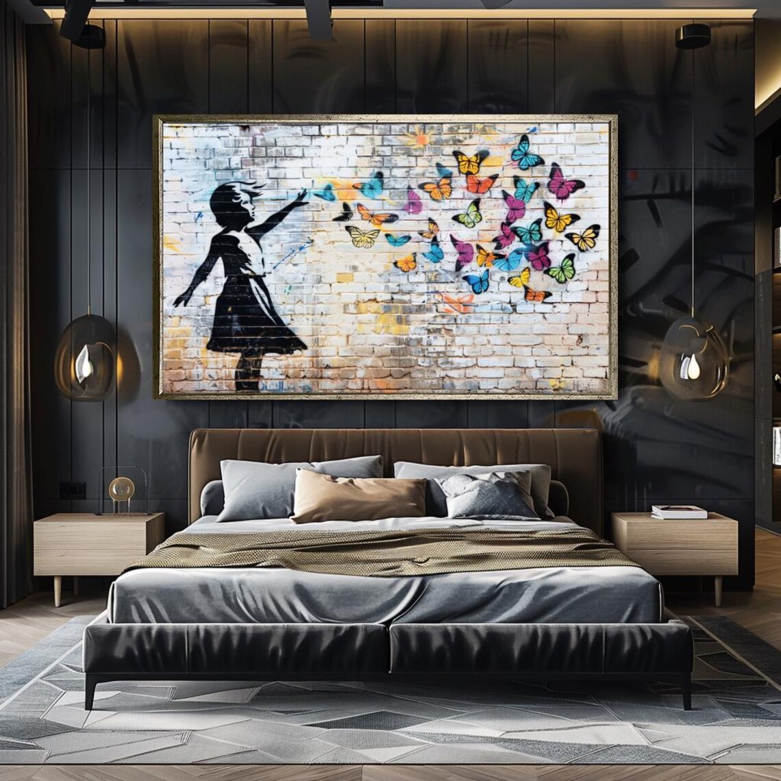 Girl Reaching For Butterflies On Brick Wall Urban Street Art Poster