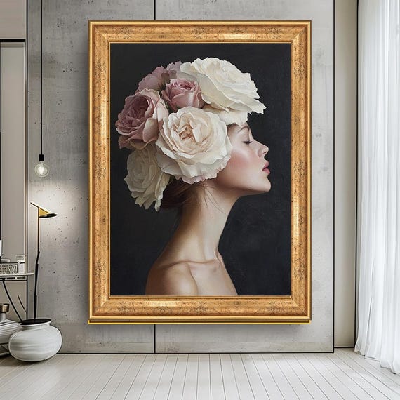 Elegant Woman With Flower Crown, Boho Portrait Art Print