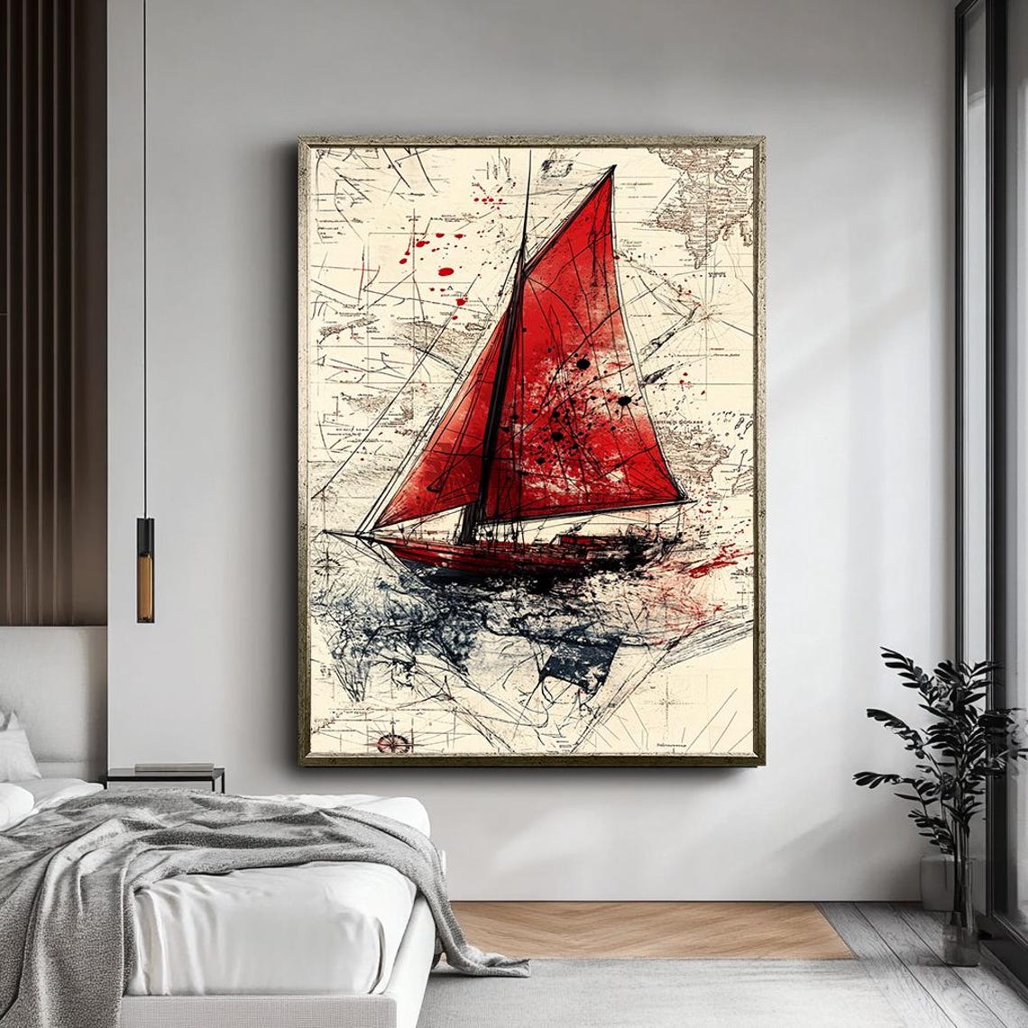 Red Sailboat Vintage World Map Nautical Sketch Maritime Sailing Poster - Image 5