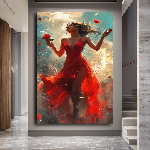 Dancing Woman Red Dress Rose Petals Passionate Romantic Art Poster