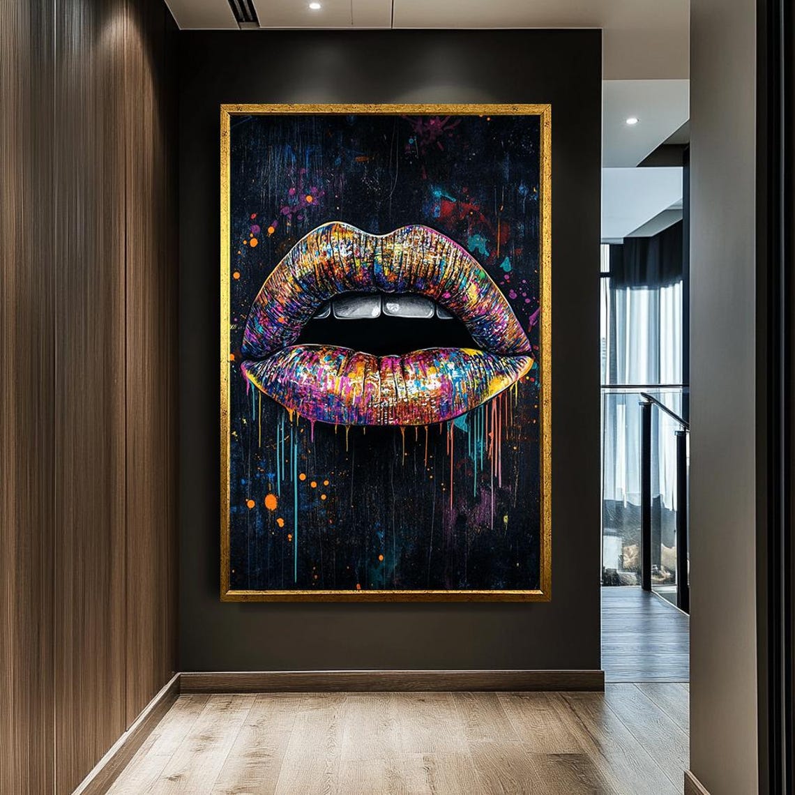 Colorful Graffiti Lips Dripping Paint Dark Statement Pop Wall Art