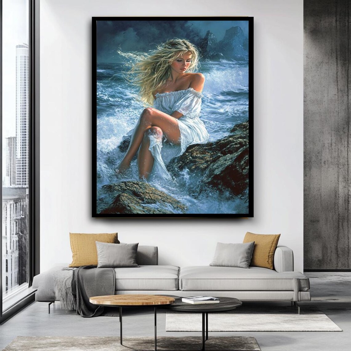 Romantic Woman on Rocks Coastal Wall Art Print - Image 3