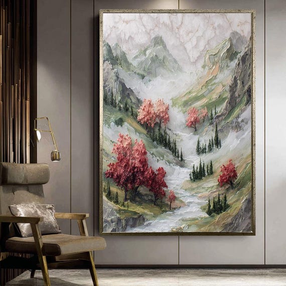 Pastel Mountain Landscape Wall Art Handpainted Look Nature Scene Peaceful Valley With Red Trees Modern Home Decor