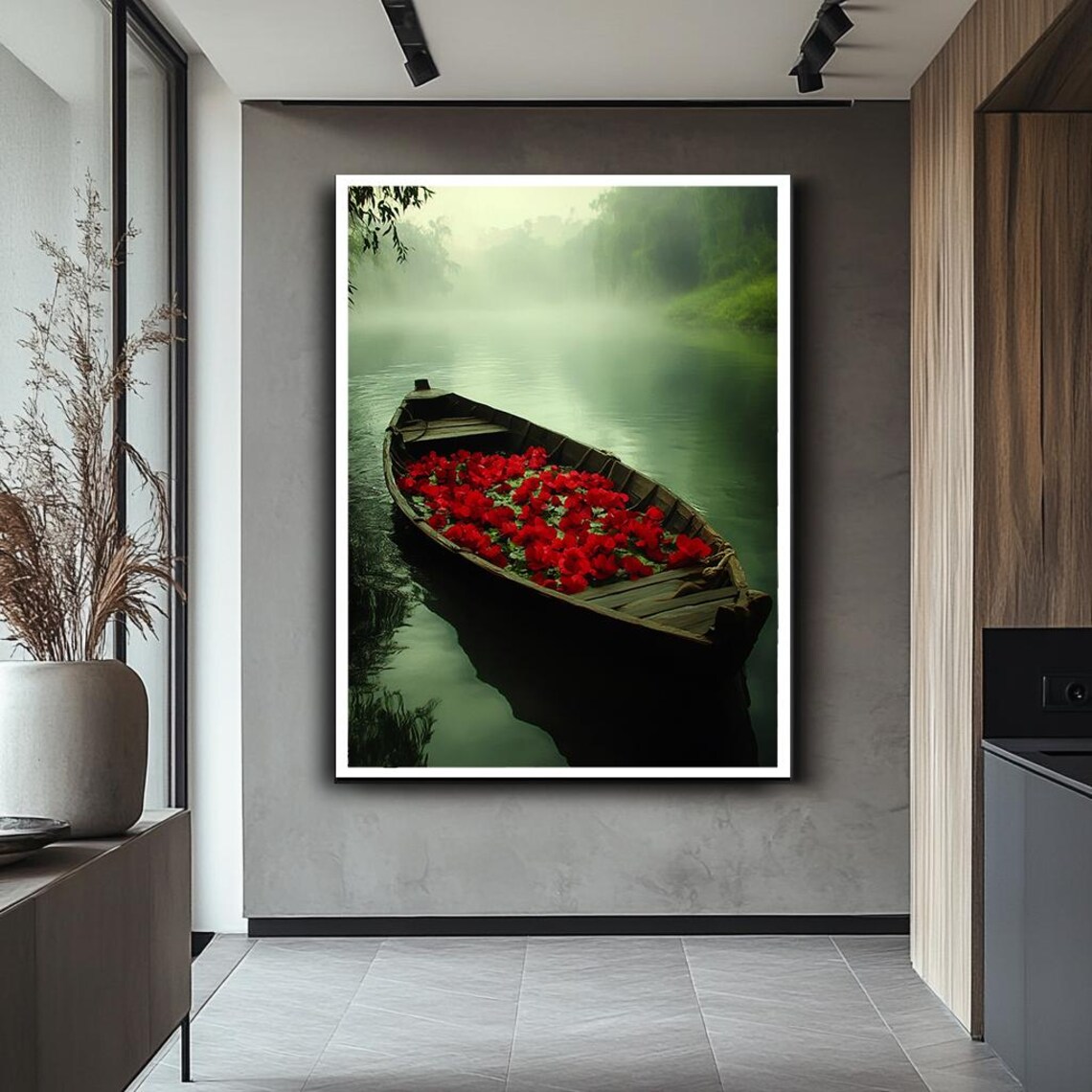 Wooden Boat Full Of Red Flowers Misty River Tranquil Wall Art - Image 2