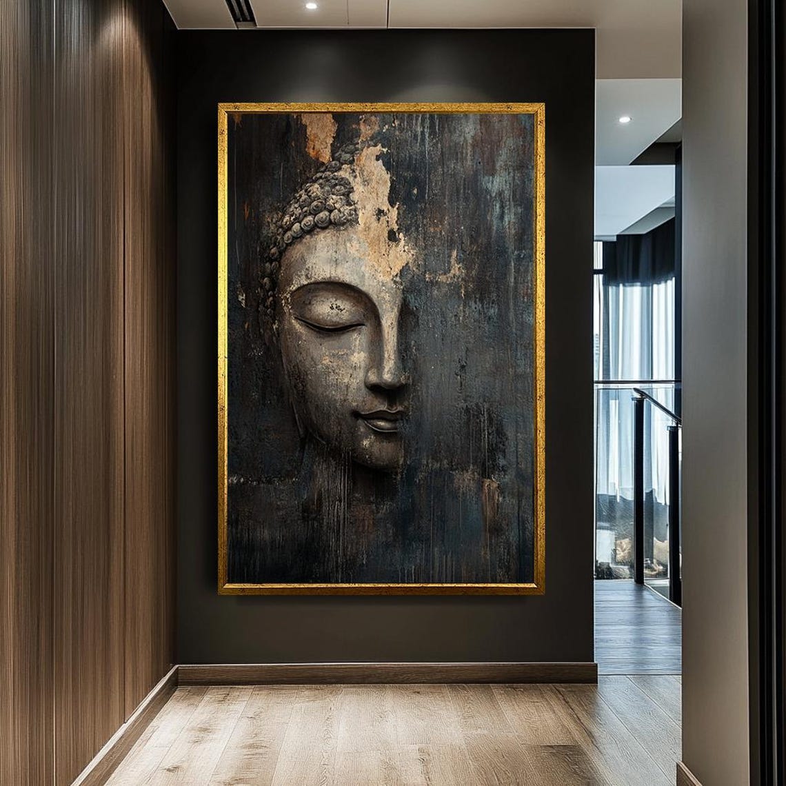 Weathered Ancient Buddha Face Dark Rustic Zen Spiritual Wall Art Print - Image 2