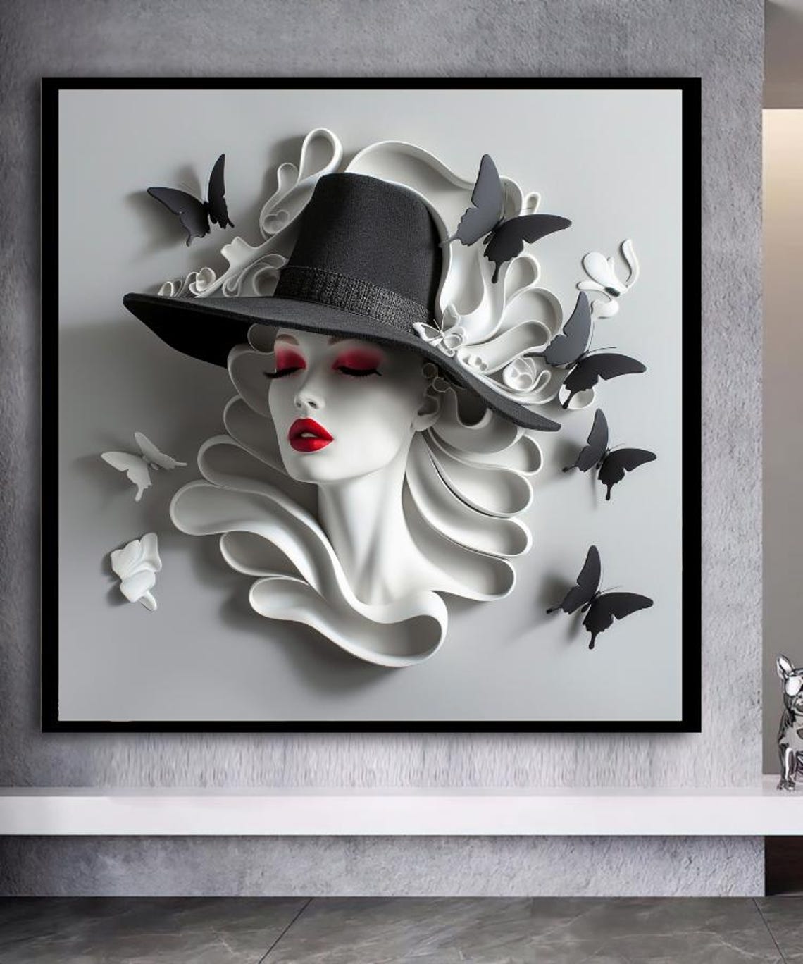 Elegant Woman In Black Hat With Butterflies 3D Relief Art Poster