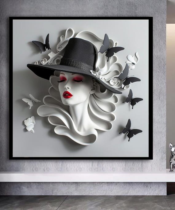 Elegant Woman Canvas Wall Art 3d Abstract Face With Hat And Butterflies Modern Minimalist Artwork For Living Room Or Office Decor