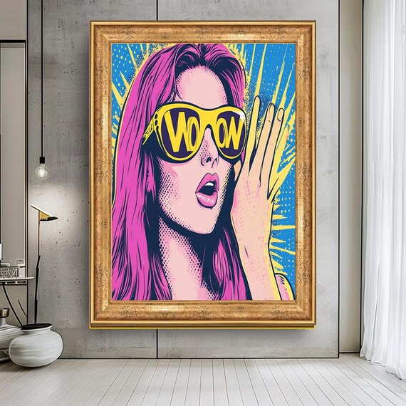 Wow Pop Art Woman Pink Hair Yellow Sunglasses Retro Comic Poster