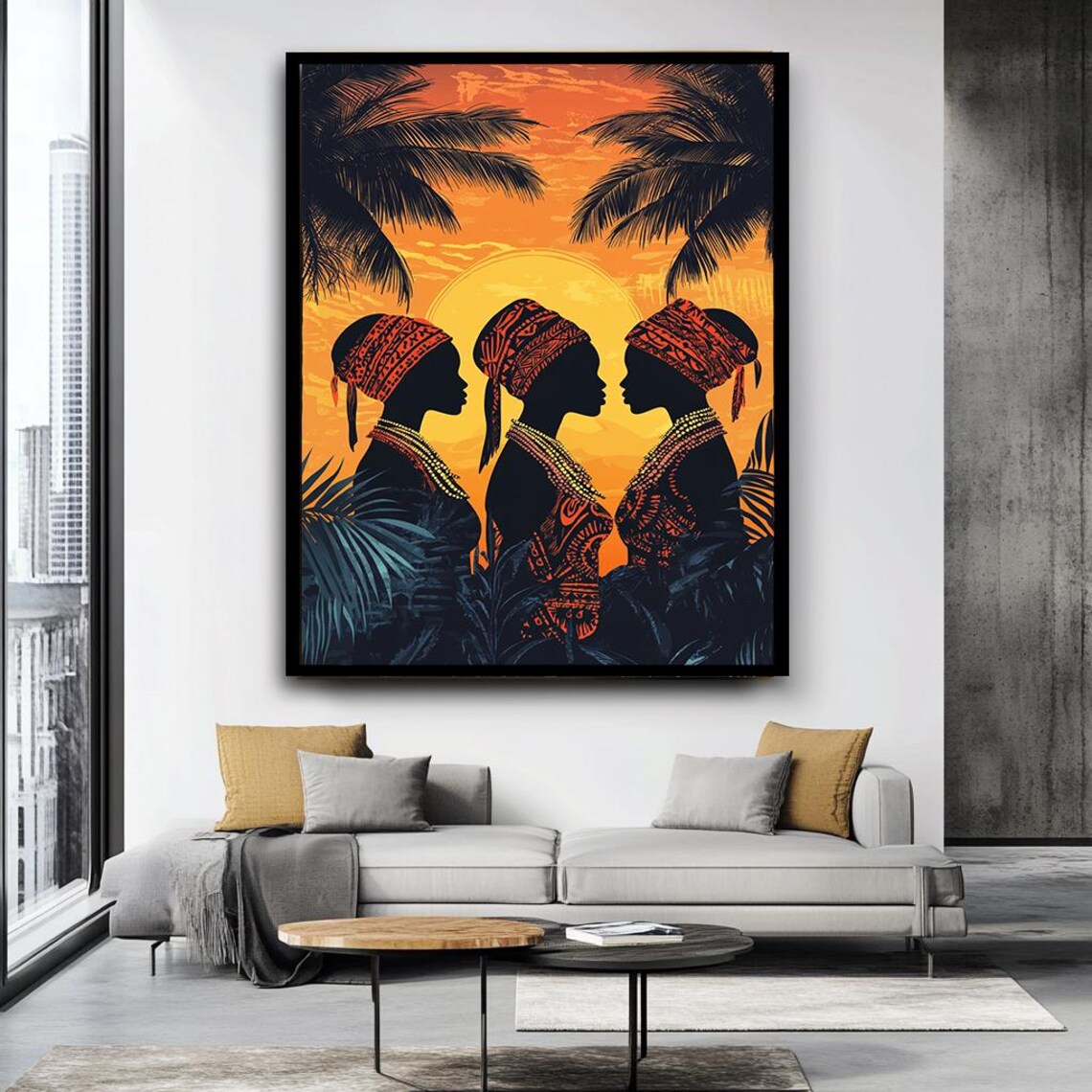 African Women Sunset Silhouette Palm Trees Bold Tribal Wall Art - Image 4