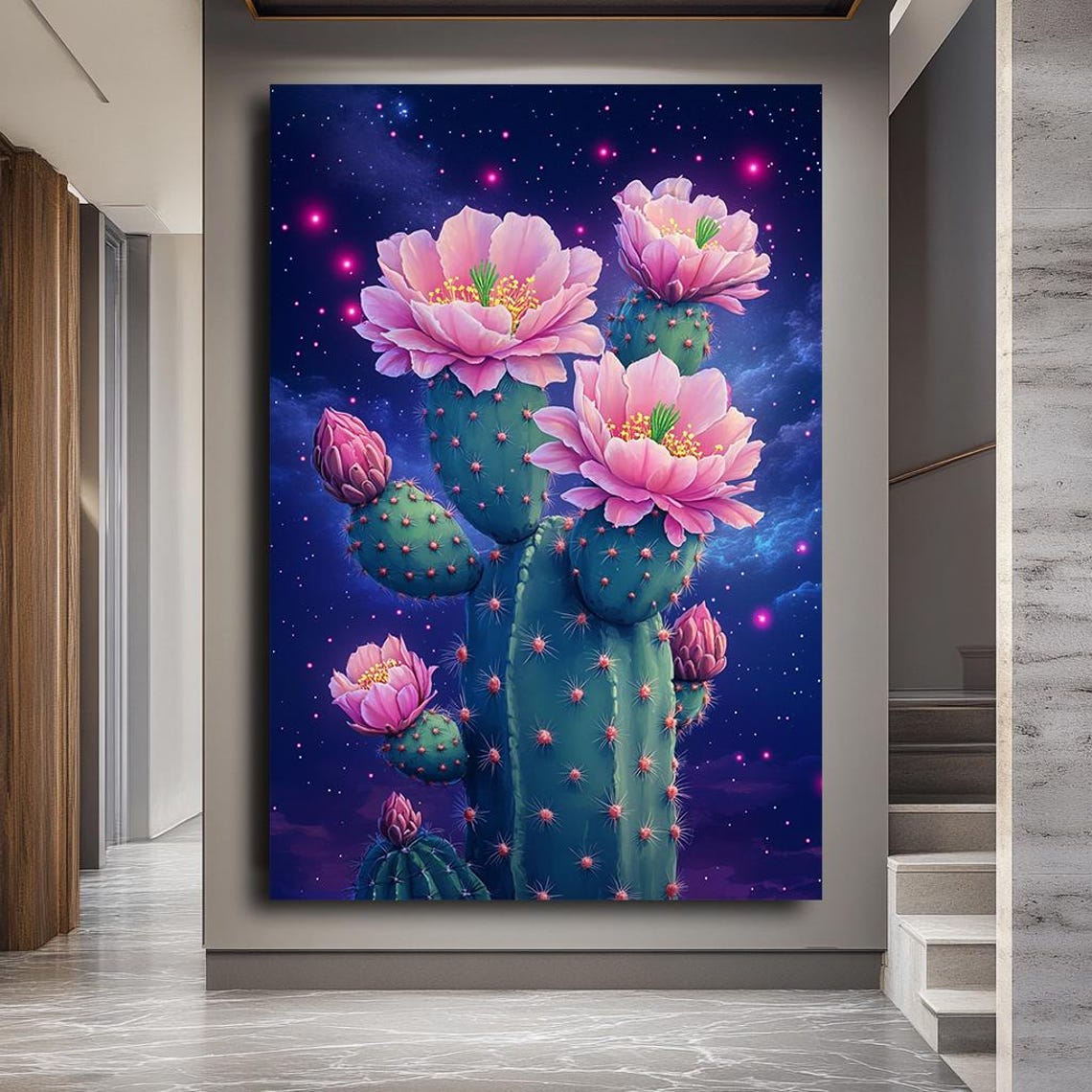 Pink Cactus Flowers Starry Night Cosmic Desert Botanical Wall Art