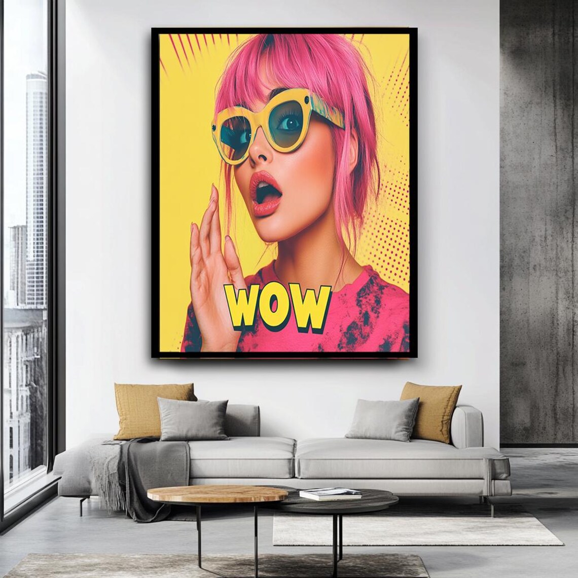 Pop Art WOW Girl Pink Hair Yellow Sunglasses Fun Retro Wall Art - Image 4