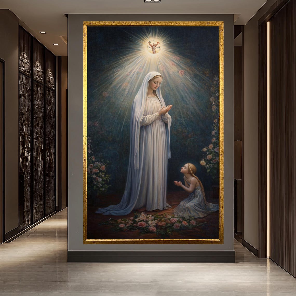 Virgin Mary With Praying Child Divine Light Roses Catholic Poster
