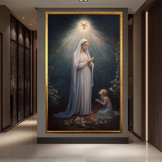 Virgin Mary With Praying Child Divine Light Roses Catholic Poster