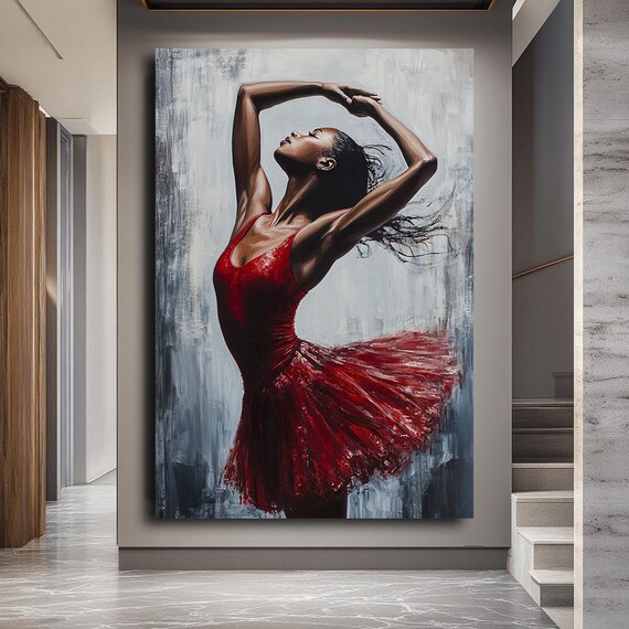 Elegant Ballerina Canvas Painting Dynamic Dance Art In Red Dress Large Modern Wall Decor Expressive Ballet Movement Artwork